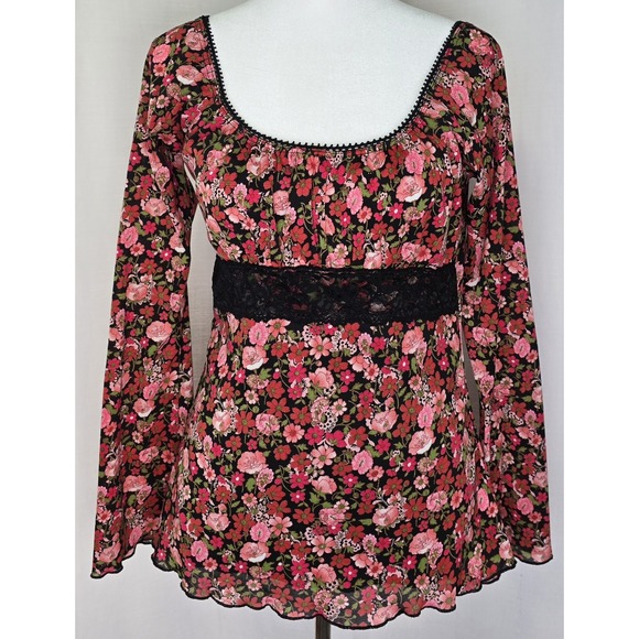 Vtg Y2K Self Esteem Babydoll Top Sz M Floral USA Lace Trim Sheer Pink Boho Fairy - Picture 1 of 7
